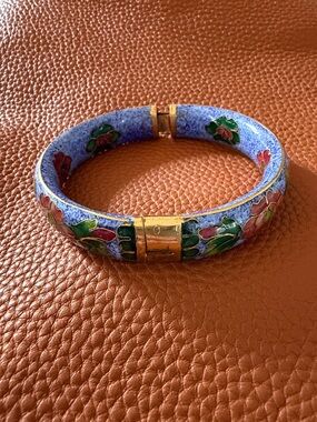 Light Blue Cloisonné Floral Hinged Bangle Bracelet purchased while in China.